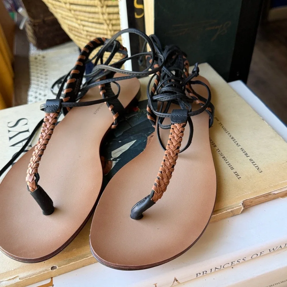 Anthropologie Braided Leather Lace Up Gladiator Sandals Black Tan Women 40